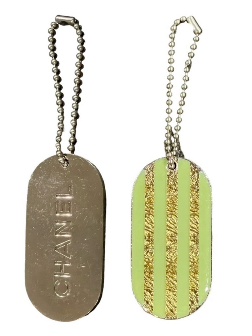 CHANEL Authentic Keychain Bag Charm Green Gold Stripes